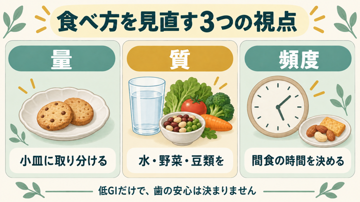 食べ方の3つの視点。量は小皿に取り分ける、質は水・野菜・豆類を選ぶ、頻度は間食の時間を決める。低GIだけで歯の安心は決まりません。