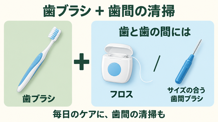 歯ブラシに歯間の清掃を加える図。歯と歯の間を清掃する道具として、フロスとサイズの合う歯間ブラシを示している。