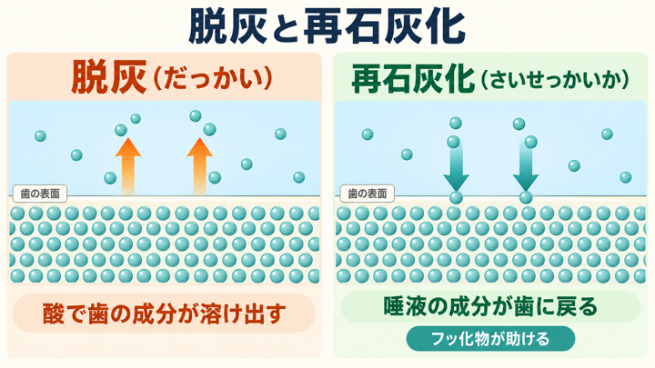歯の表面の模式図。左の脱灰は酸で歯の成分が外へ溶け出し、右の再石灰化は唾液の成分が歯の表面へ戻る。フッ化物は再石灰化を助ける。