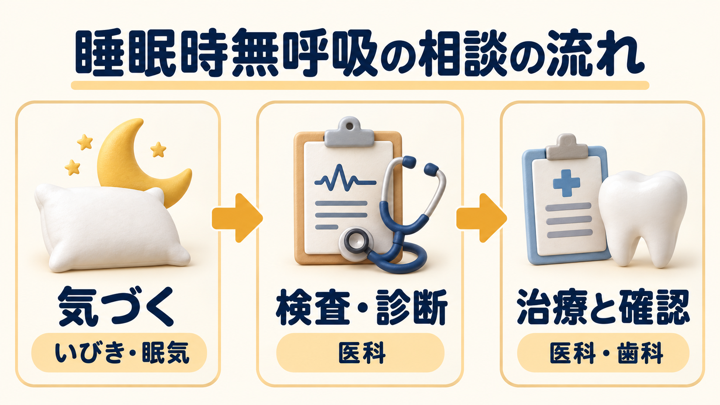 いびきや眠気に気づく、医科で検査・診断を受ける、医科・歯科で治療と確認を行う、という3段階の流れ