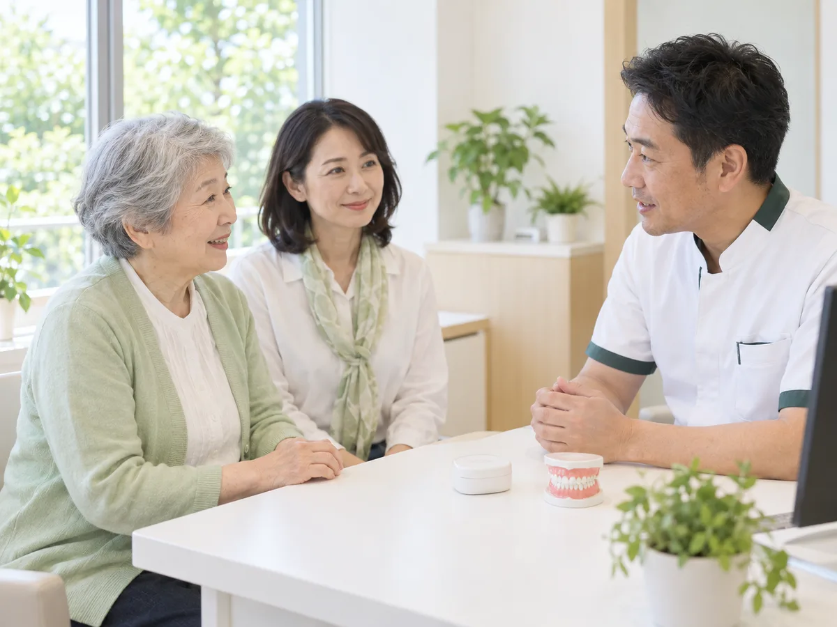 相談室で、歯科医師が70代の女性と娘に、今使っている入れ歯の話を聞いている