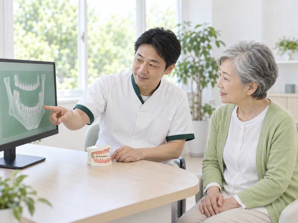 相談室で、歯科医師がモニターのあごの図を示し、70代の女性に検査の結果を説明している