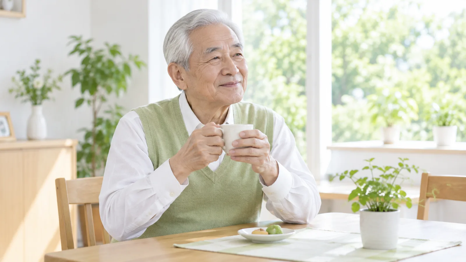 明るい食卓で、70代の男性が湯のみを両手で包んで、ほっとした表情で座っている