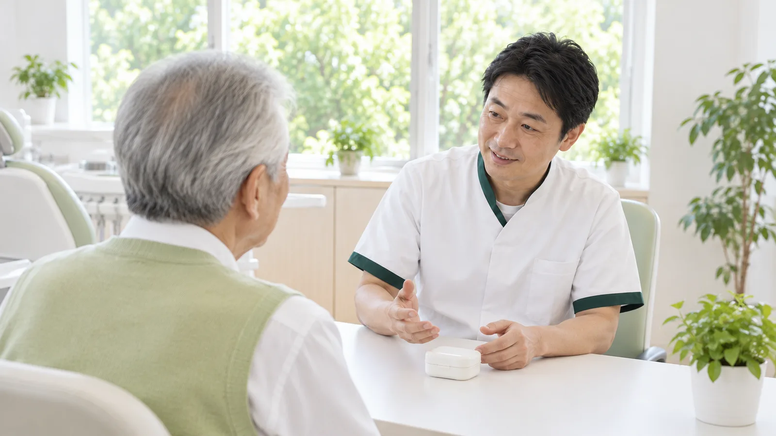 診察室で、歯科医師と向かい合って落ち着いて話を聞く70代の男性の後ろ姿