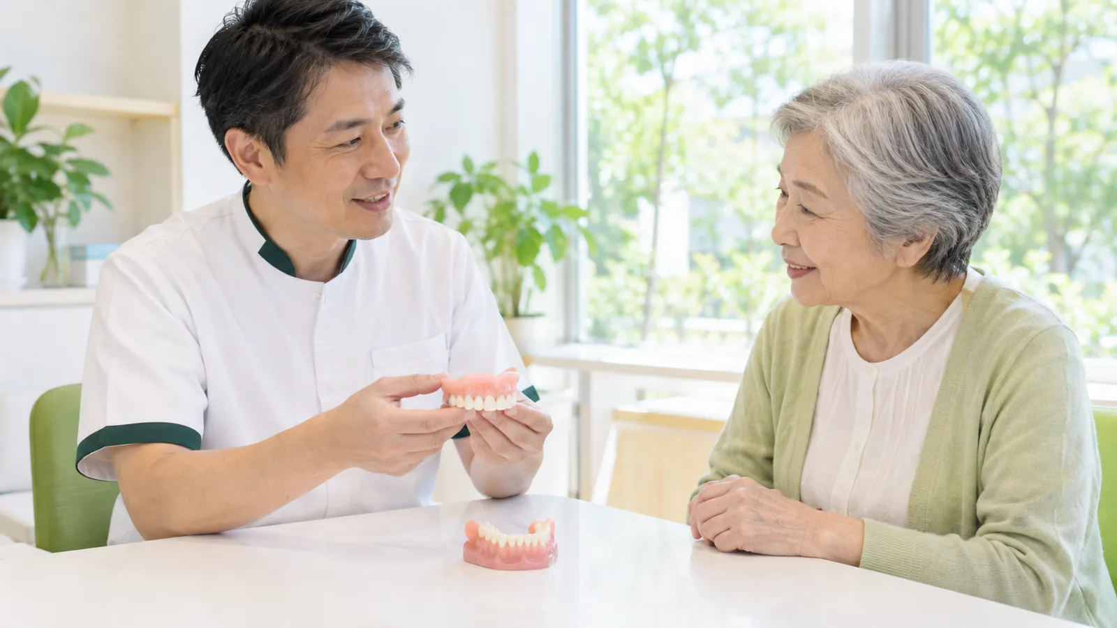 相談室で、歯科医師が治療用の入れ歯の模型と本番の入れ歯の模型を並べ、70代の女性に説明している
