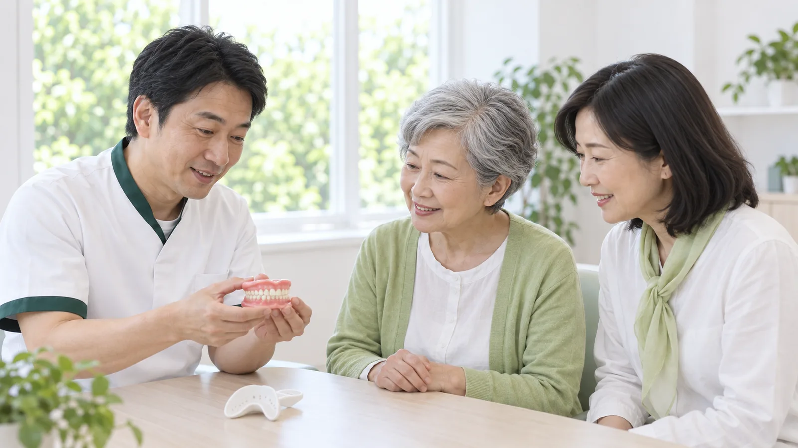 相談室で、歯科医師がろうの土台に歯を並べた仮合わせの模型を70代の女性と娘に見せている