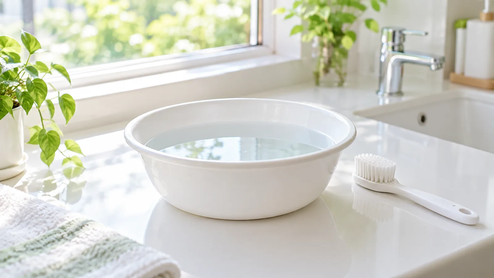 洗面所の窓辺に置かれた、水を張った小さな洗面器とやわらかいブラシ。朝の光