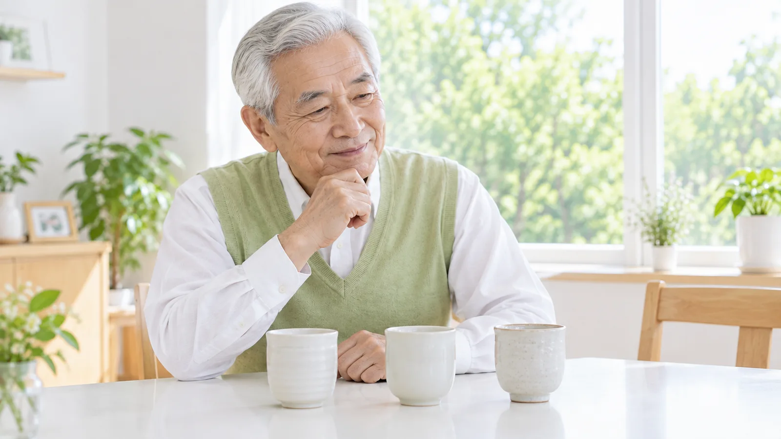 テーブルに並んだ3つの湯のみを、どれにするか眺めている70代の男性の手元