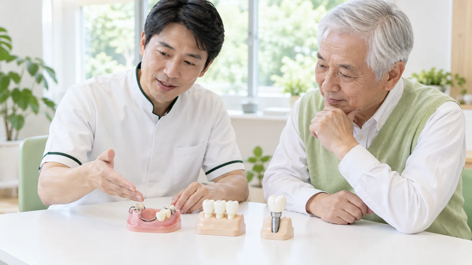 相談室で、歯科医師が部分入れ歯・ブリッジ・インプラントの3つの模型を並べ、70代の男性に説明している