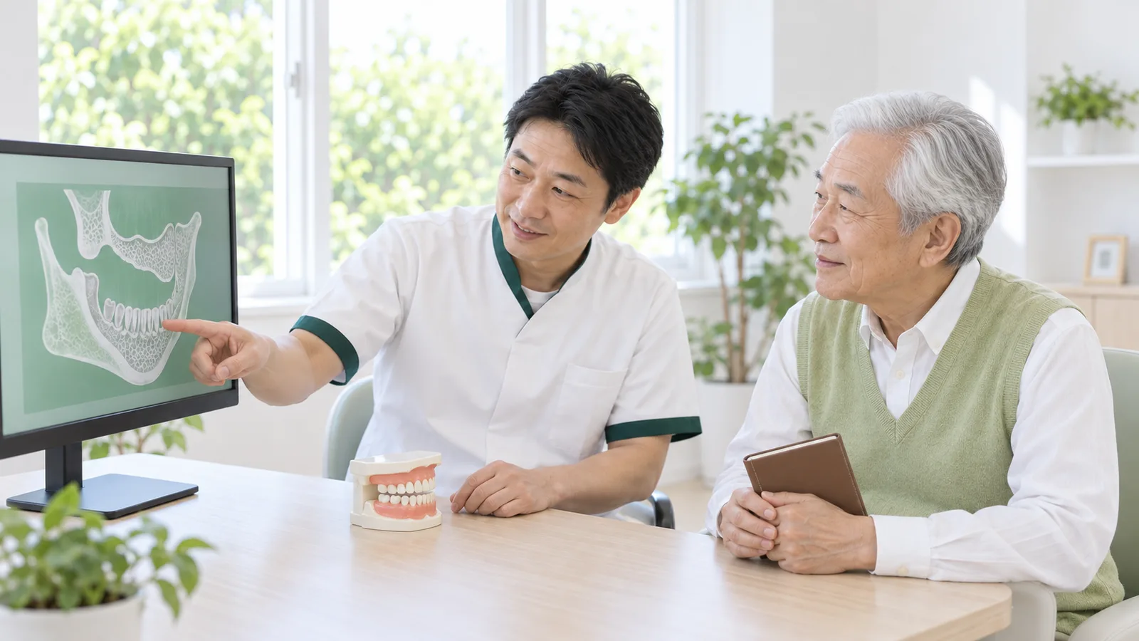 相談室で、歯科医師がモニターのあごの骨の図を示し、70代の男性に手術の条件を説明している