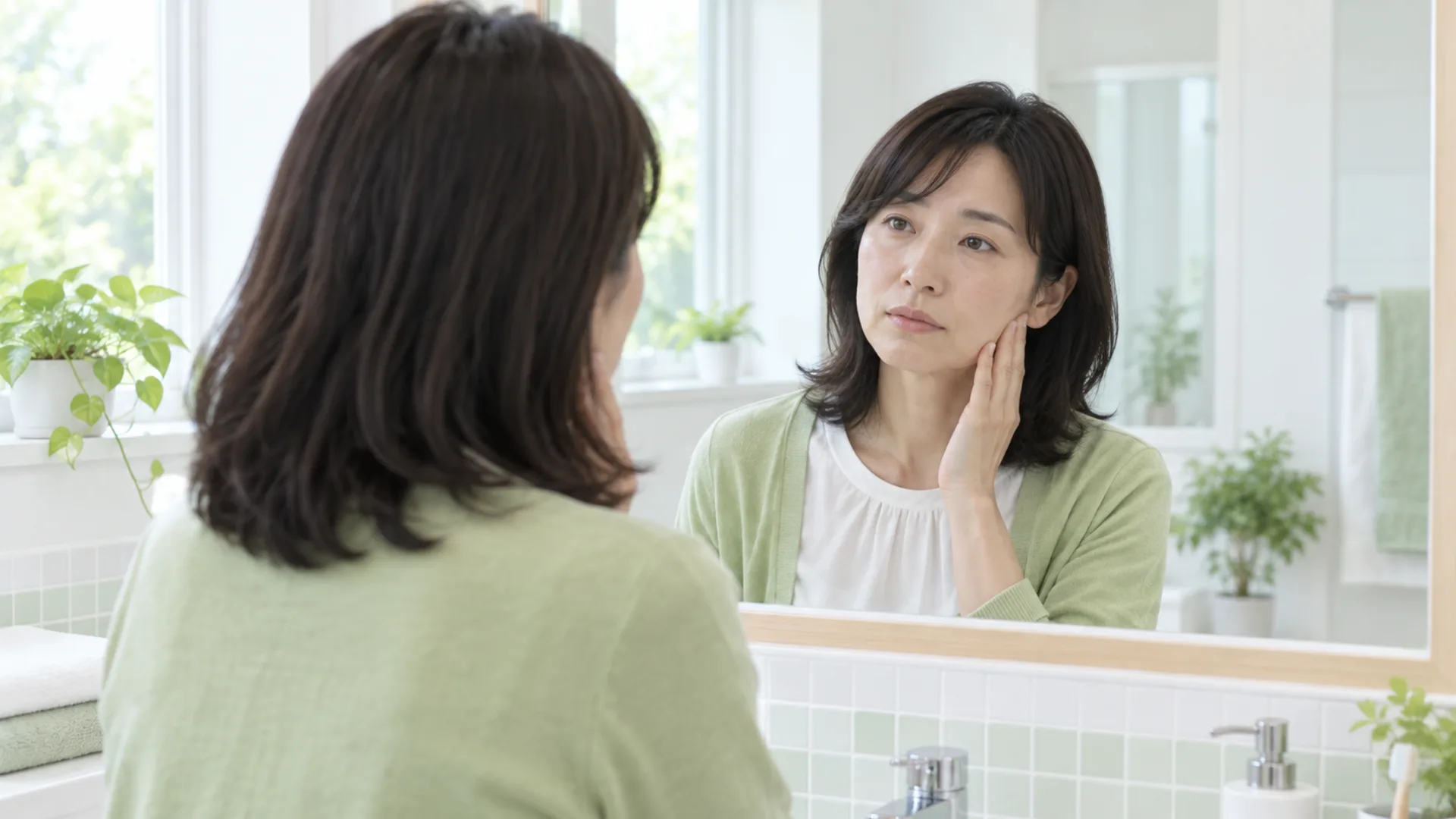 朝の洗面台の鏡の前で、30代の女性が頬のエラのあたりに手を当てている
