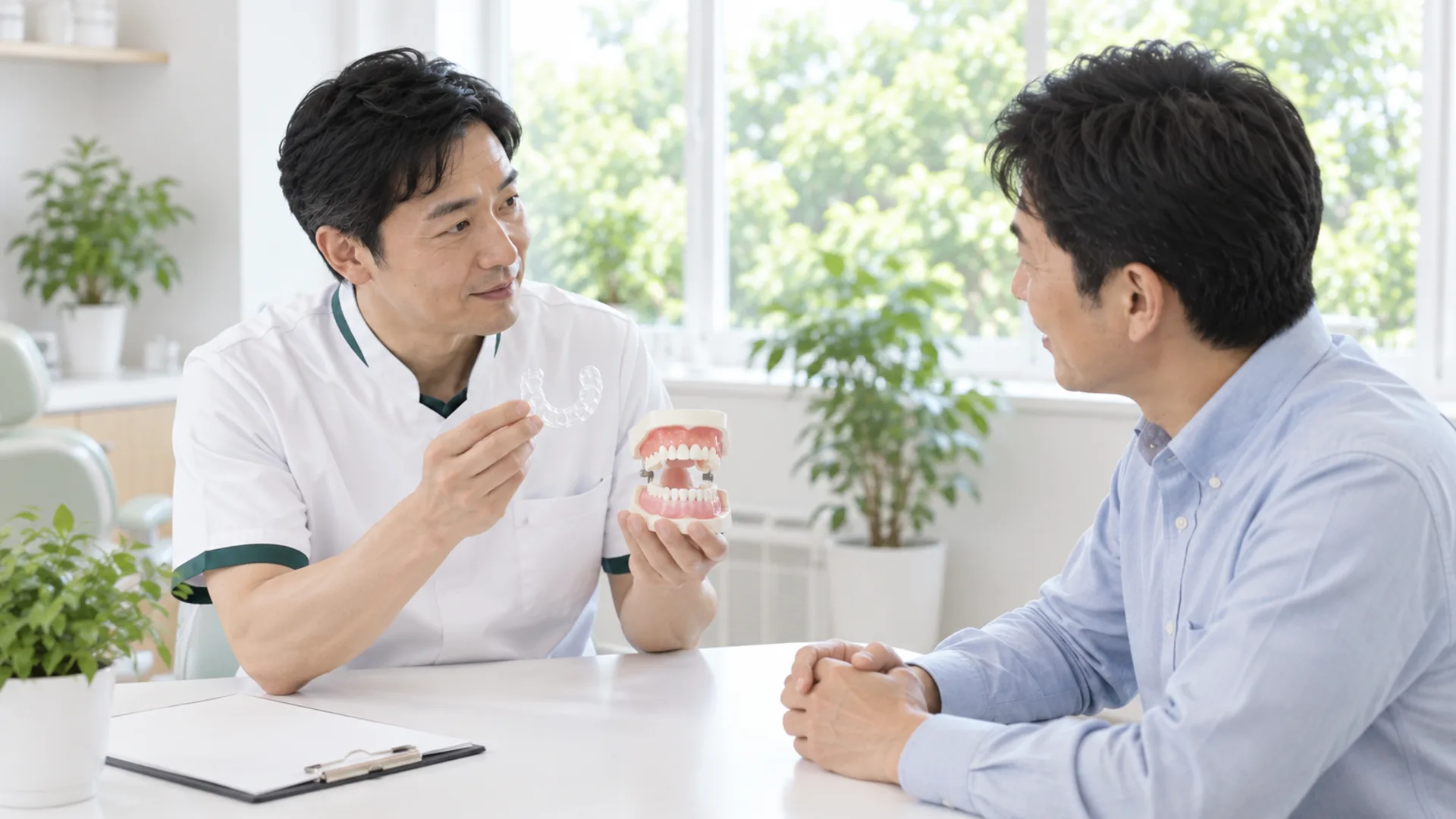 相談室で、歯科医師が透明なマウスピースと歯の模型を手に、40代の男性に説明している
