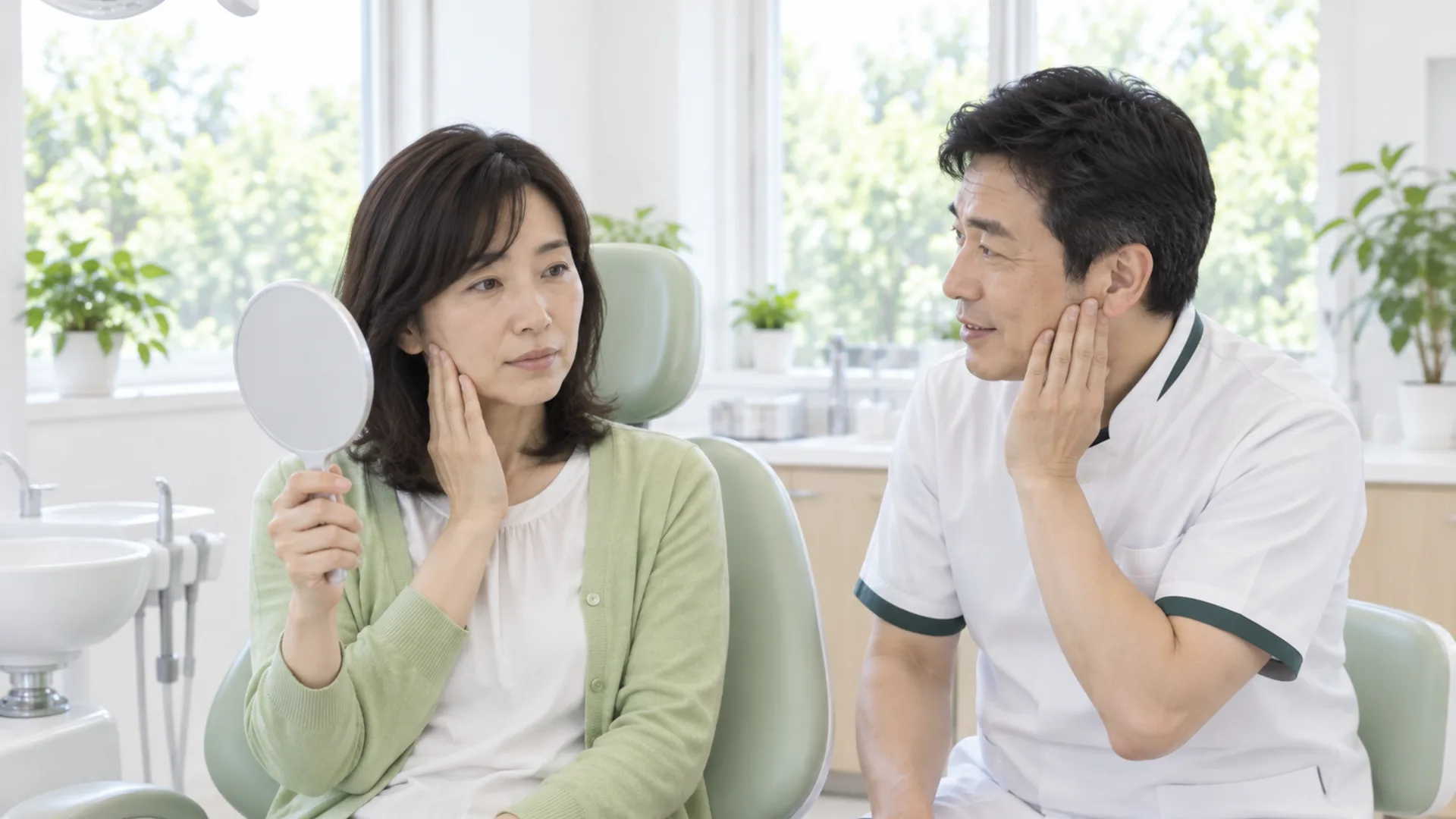 診療室で、歯科医師が自分の頬に指を当てて噛む筋肉の位置を示し、30代の女性が鏡を見ながら聞いている