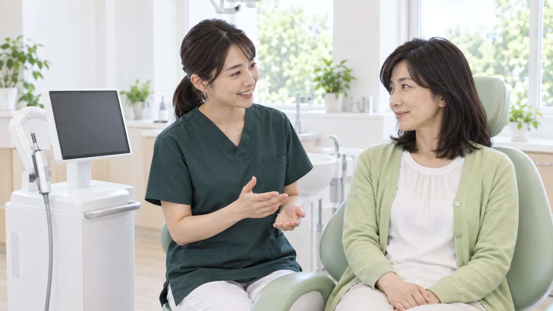 明るい診療室で、歯科衛生士が白い医療機器のそばで、30代の女性に話し、女性が安心した表情でうなずいている