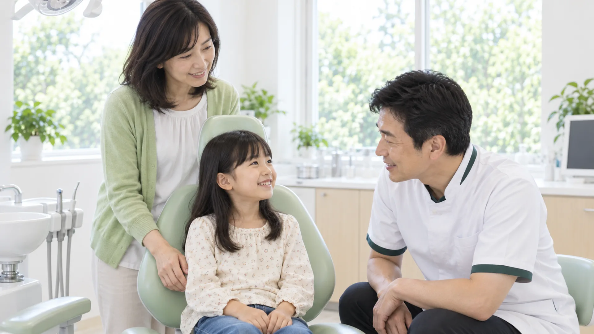 診療室で、歯科医師がしゃがんで目線を合わせ、診療台に座った子どもと母親に笑顔で話している