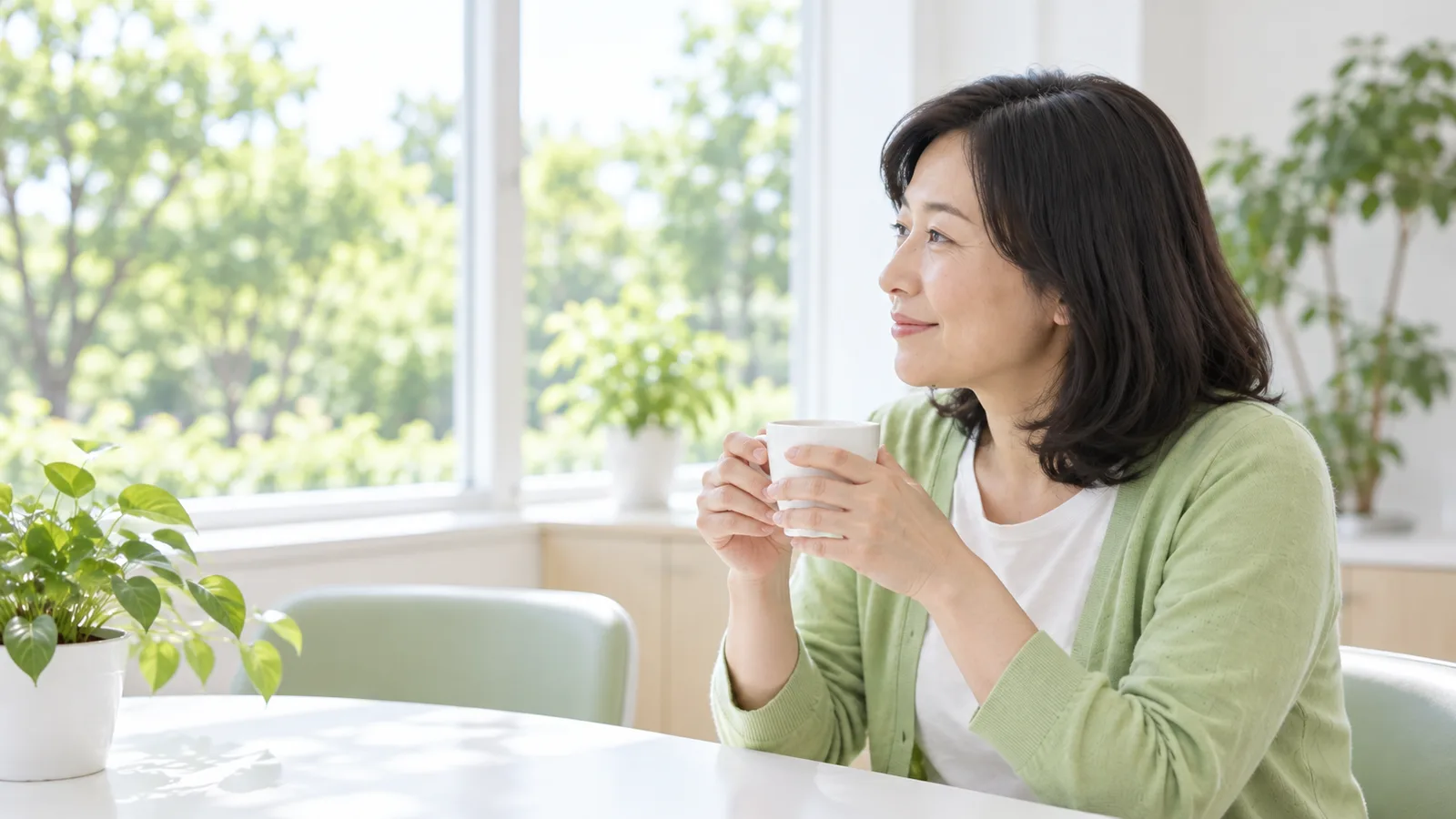 昼の窓辺で、30代の女性が湯のみを手に自然に笑っている