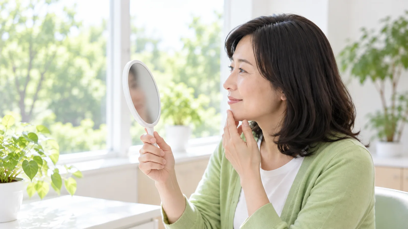 窓辺で、30代の女性が手鏡をのぞき込んでいる横顔