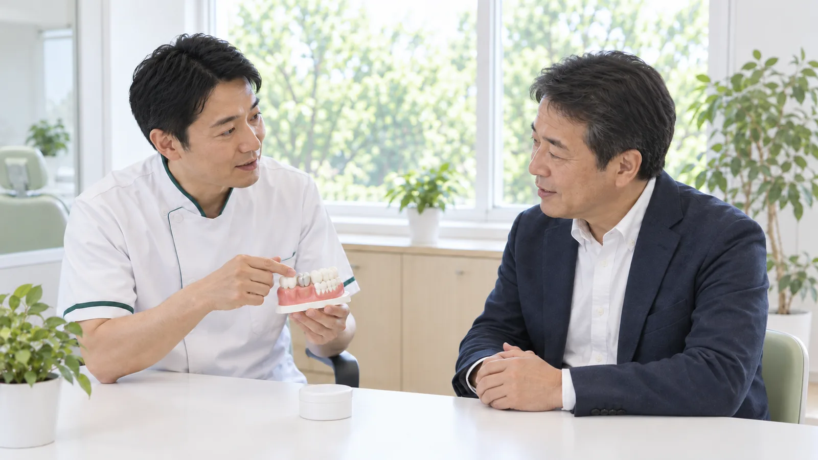 相談室で、歯科医師が歯の模型を手に、かぶせ物が欠けたときの対応を50代の男性に説明している