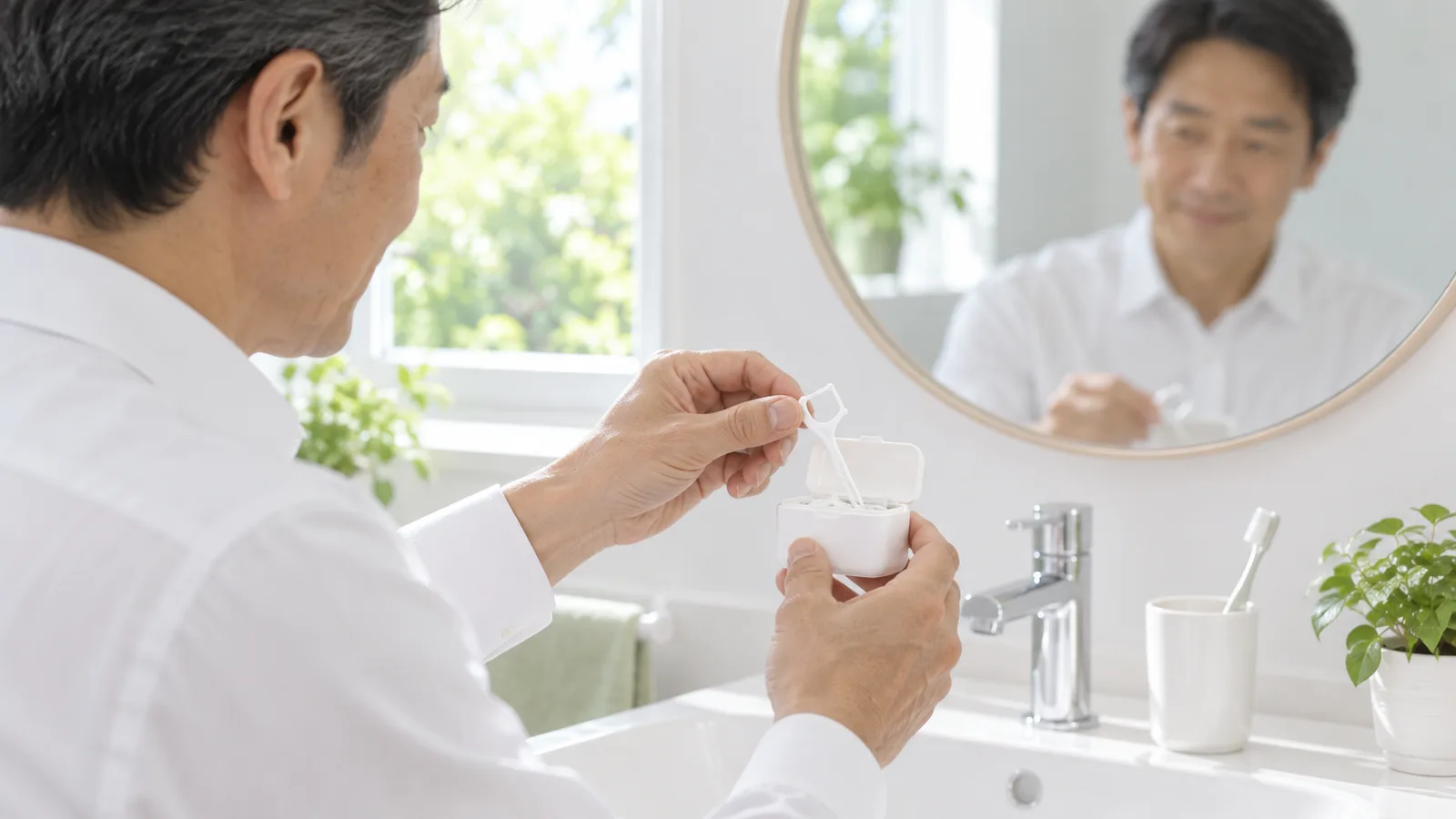 洗面台で、50代の男性が糸ようじを手に取っている手元