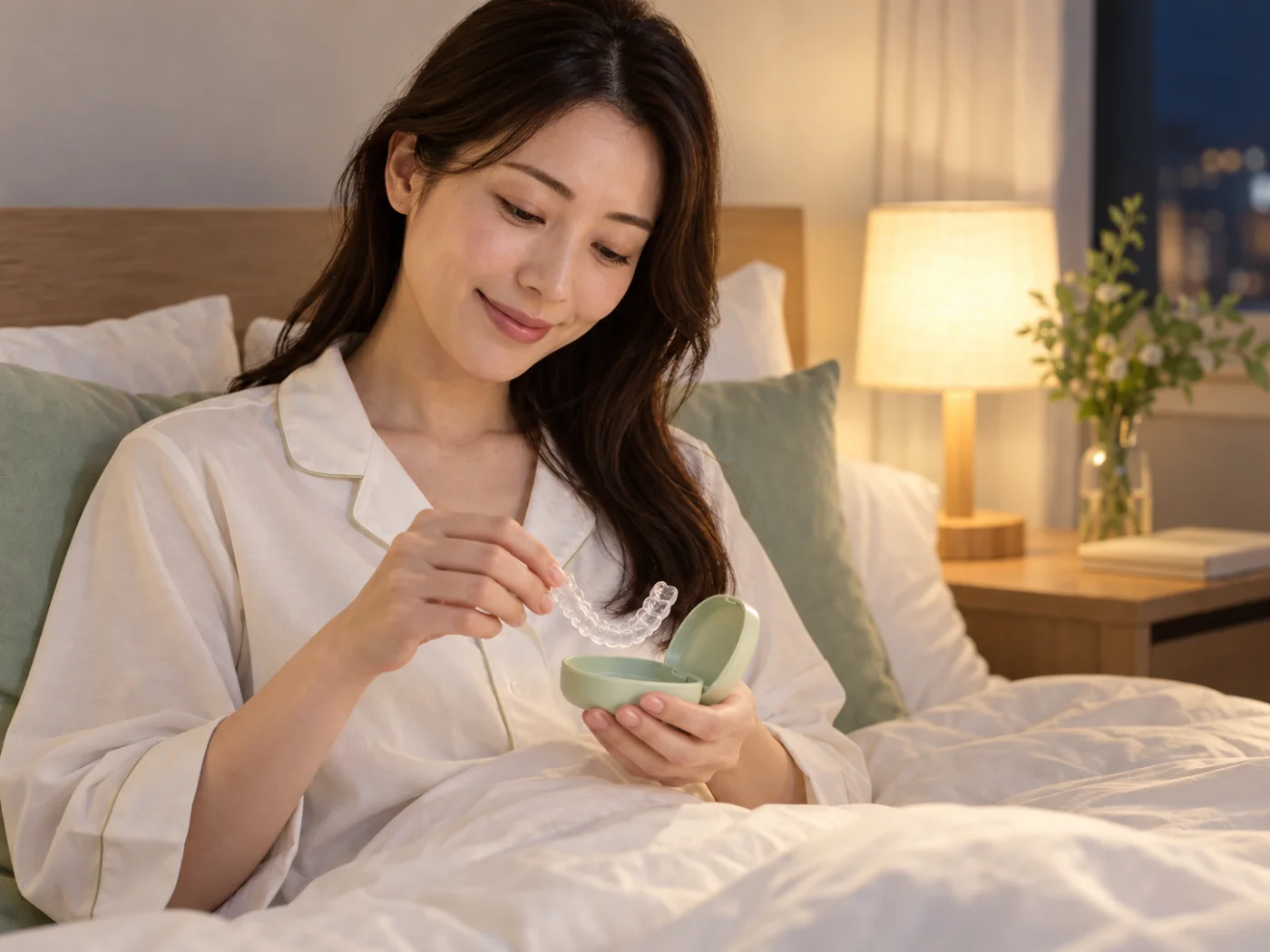 夜の寝室で、女性が透明なマウスピースをケースにしまっている