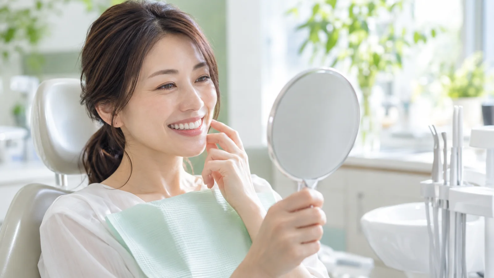 明るい診療室で、30代の女性が手鏡をのぞき込み、整った前歯を見て微笑んでいる