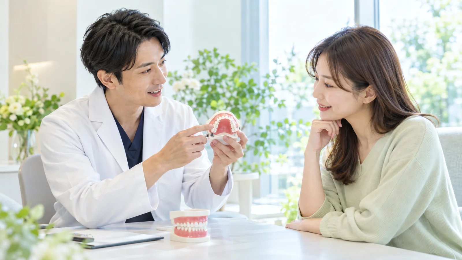 相談室で、歯科医師が歯の模型を手に、30代の女性へ方法の違いを説明している