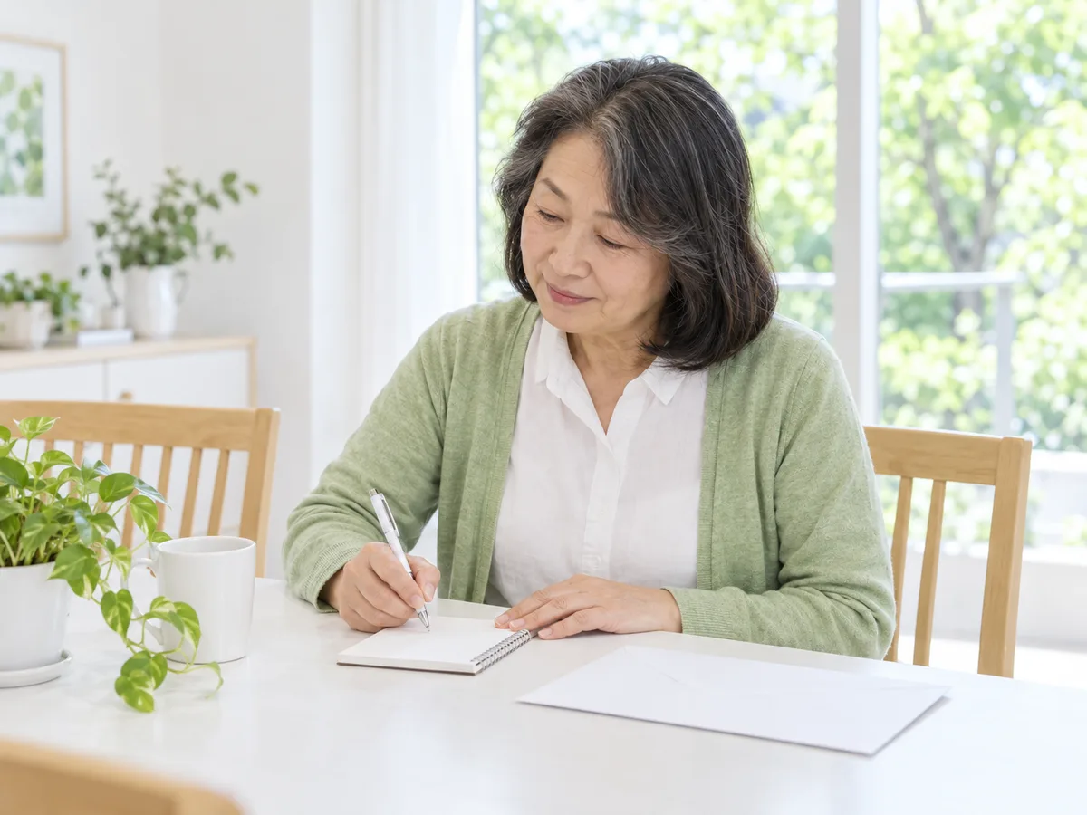 自宅のダイニングで、60代の女性がレントゲンの封筒とメモ帳を机に並べ、聞きたいことを書き出している