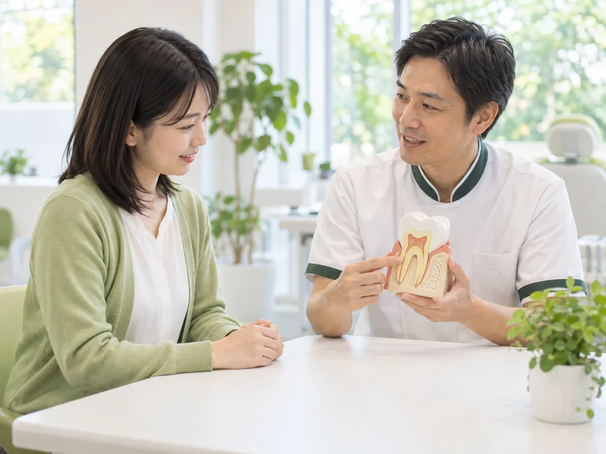 明るい相談室で、歯科医師が歯の模型を手に、患者さんに話している