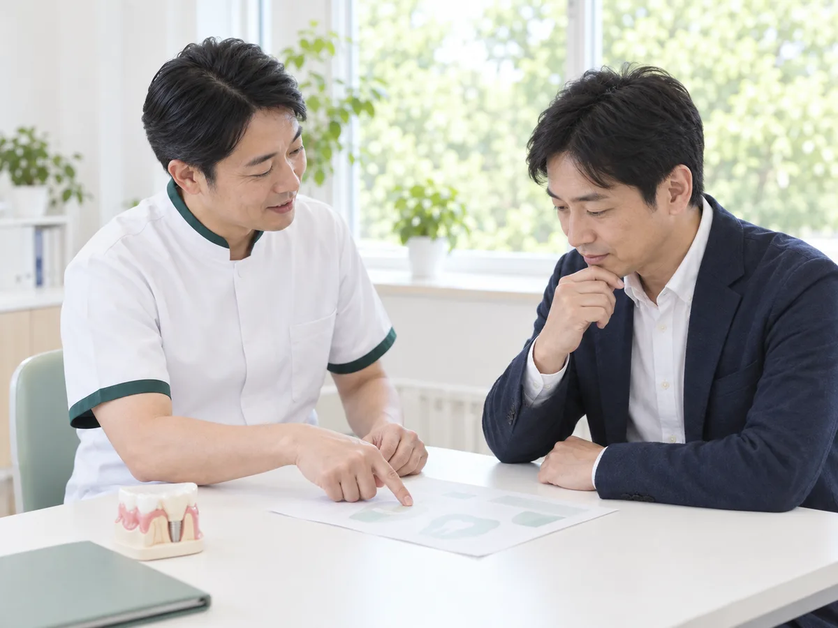 相談室で、歯科医師が治療の選択肢を書いた紙を示し、患者さんが考えながら聞いている
