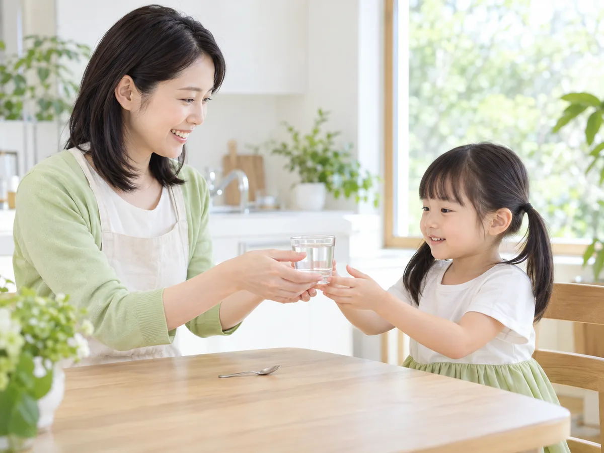 台所で、母親が小さな女の子にコップの水を渡している