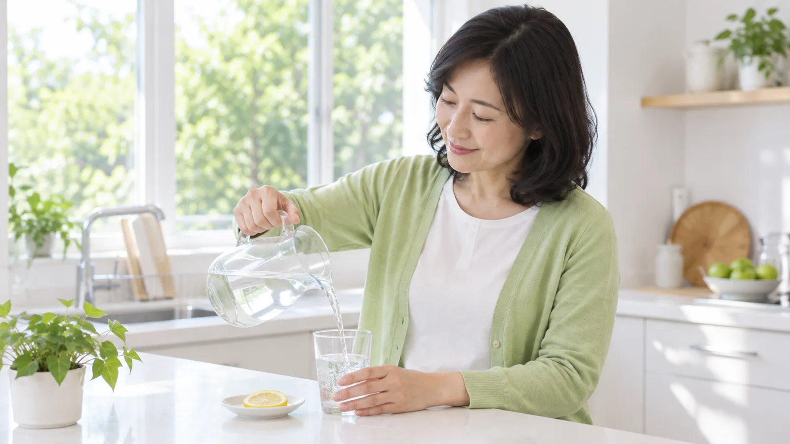 台所で、女性がピッチャーからグラスに水を注いでいる手元