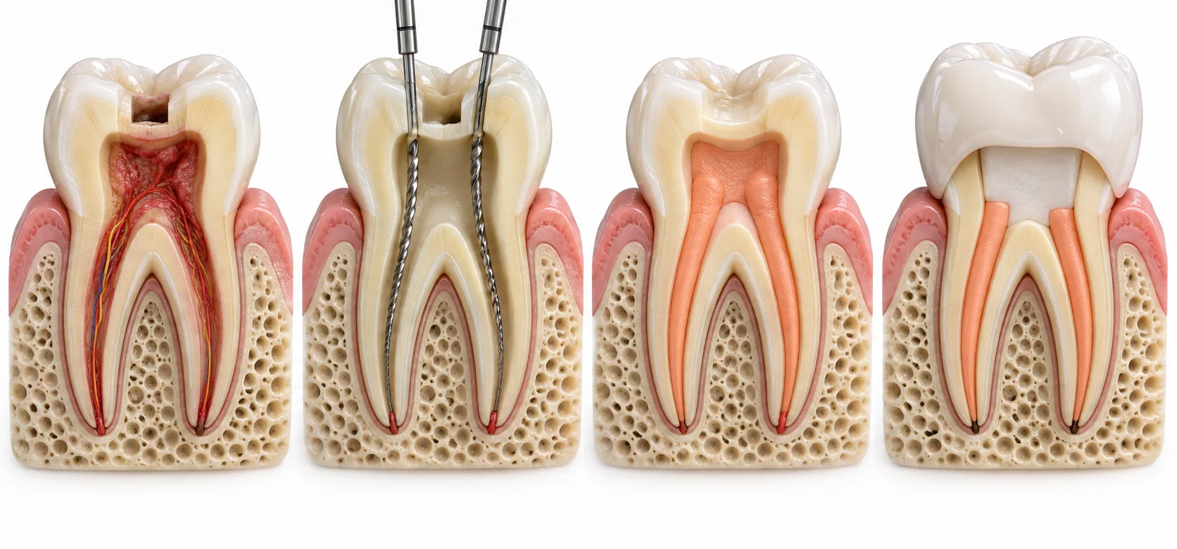 奥歯の断面の模型を4つ並べた写真風の画像。入口を開けて炎症した神経が見える、細い器具で根の中を清掃、根の先まで材料で封じる、土台とかぶせ物で仕上げる