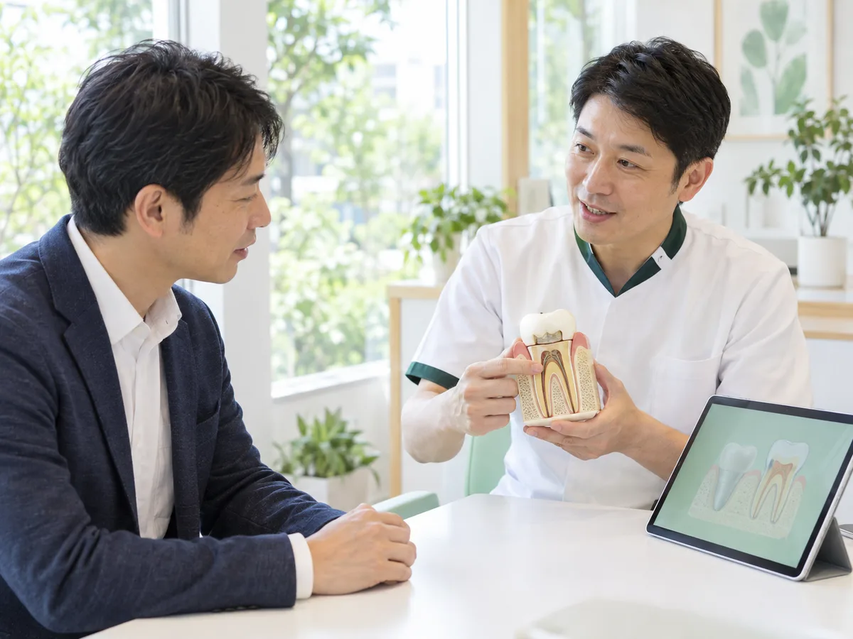 相談室で、歯科医師が根の治療をした歯の模型を示しながら、患者さんに今後の見通しを説明している