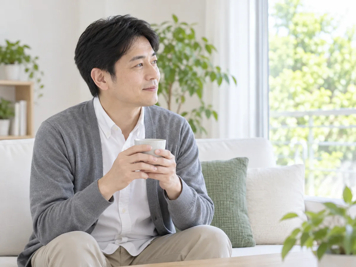 自宅のソファで、男性が湯のみを両手で持ってくつろいでいる