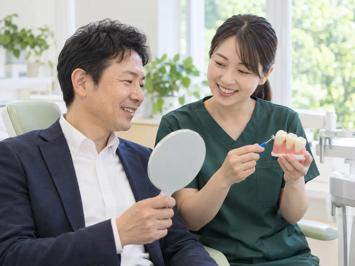 診療台のそばで、歯科衛生士が患者さんと手鏡を見ながら詰め物の辺縁の手入れを話している