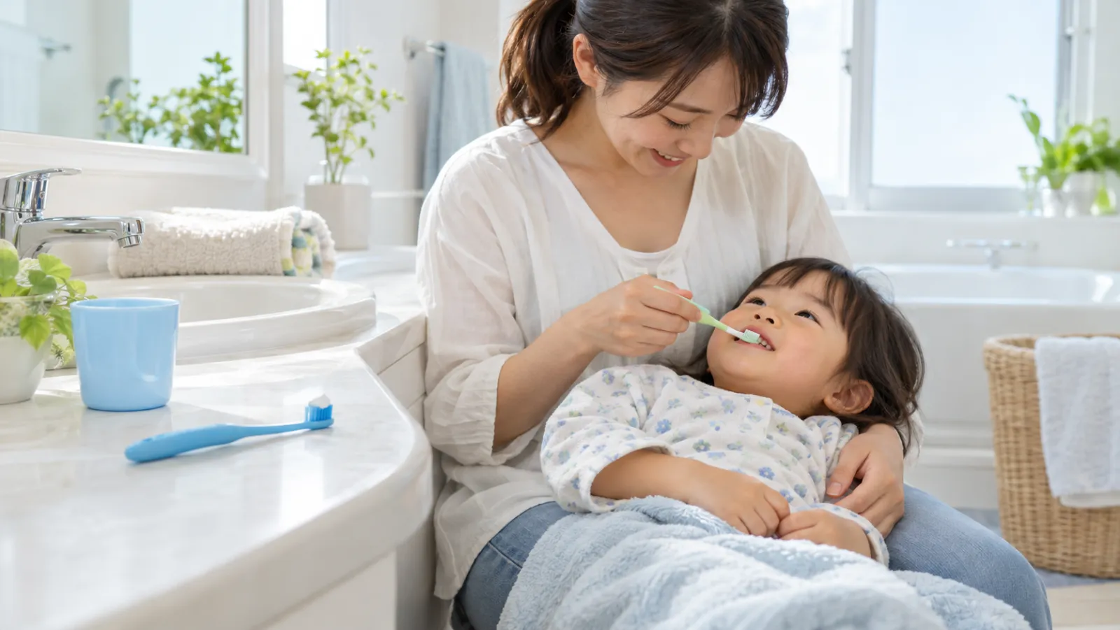 明るい洗面所で、お母さんがひざに寝かせた小さな子どもの歯を仕上げみがきしている