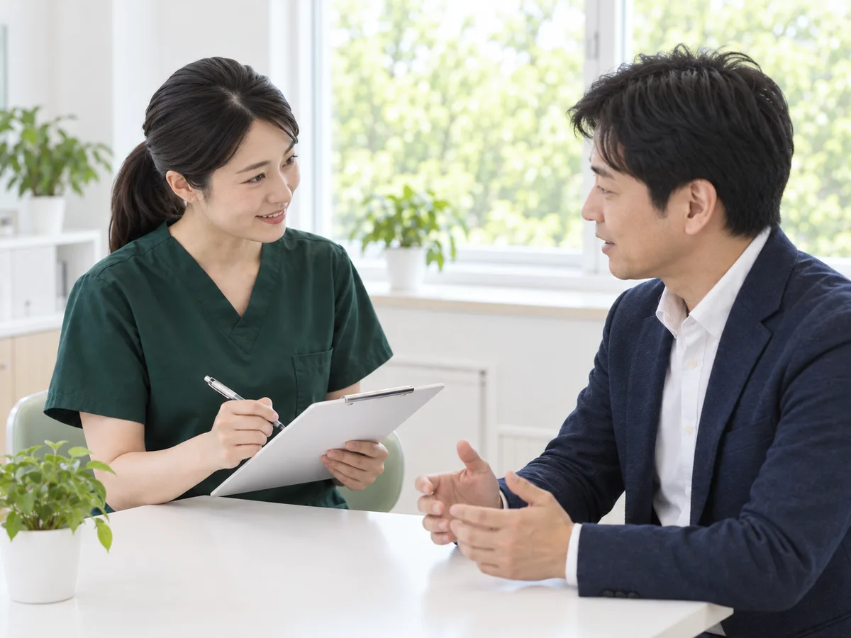 相談室で、歯科衛生士が問診の紙を手に、患者さんの話を聞いている