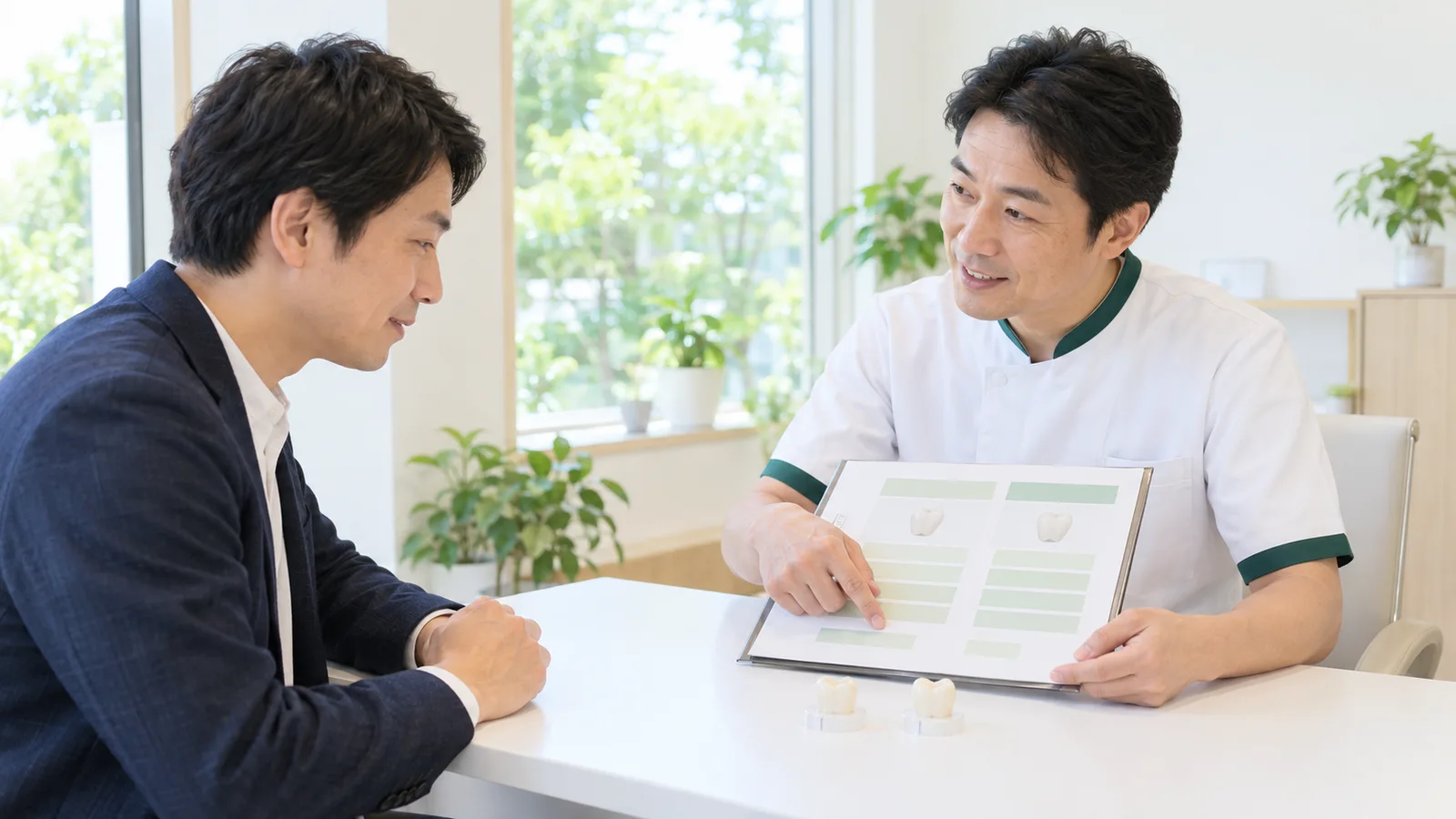 相談室で、歯科医師が費用の説明資料を示し、患者さんが落ち着いて聞いている