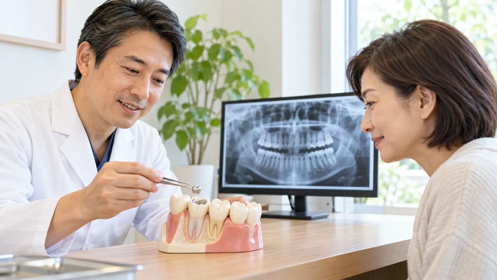 相談の一角で、歯科医師が銀の詰め物を歯の模型に合わせて見せながら、レントゲンの画面の前で患者さんに説明している