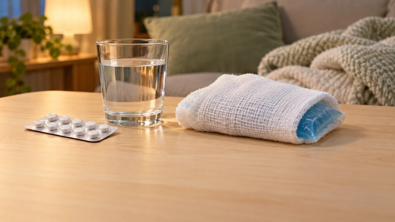 夜のリビングのテーブルに、錠剤のシートと水のグラス、タオルで包んだ保冷剤。奥に毛布