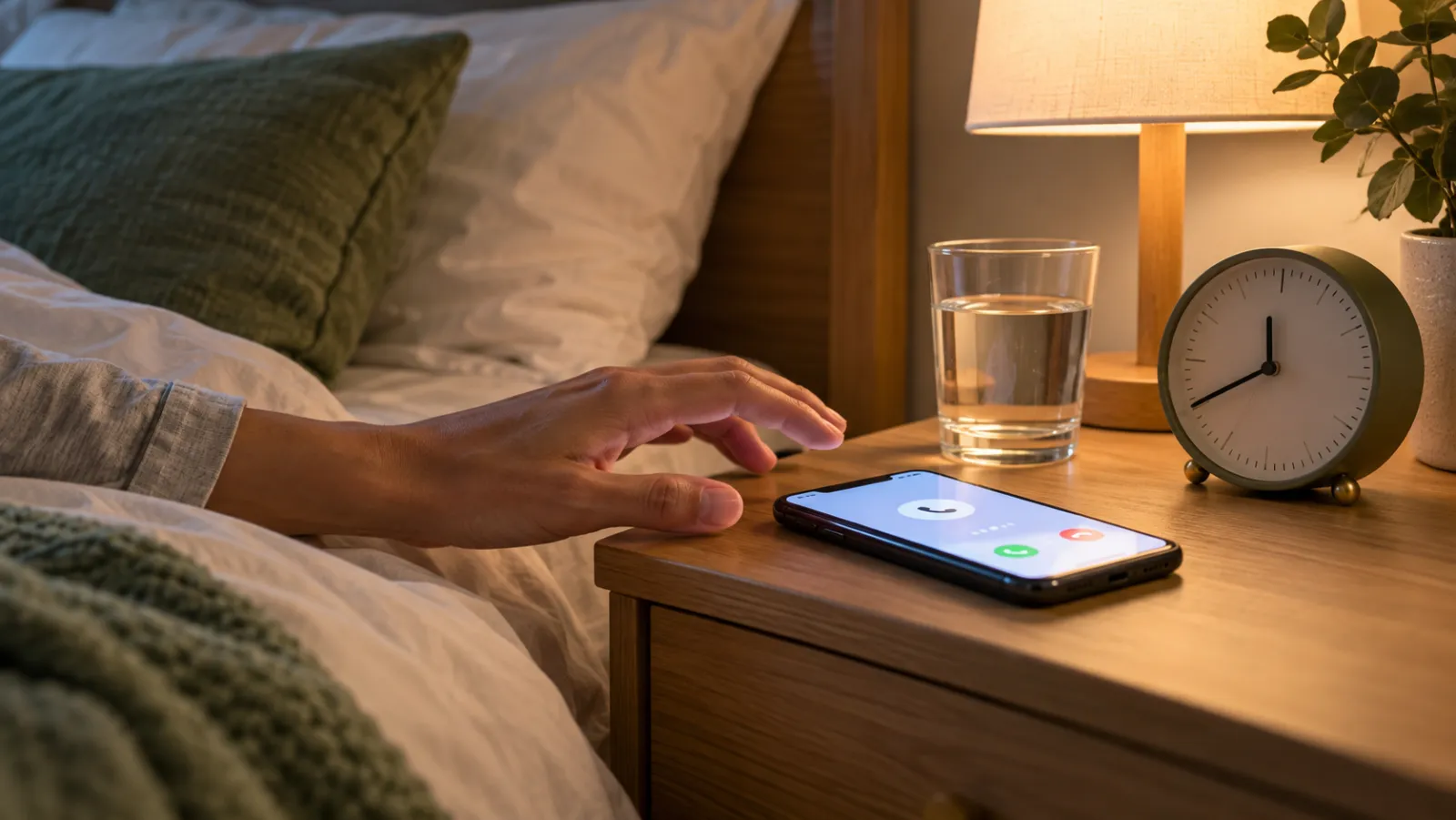 夜の寝室の枕元で、光るスマートフォンに手を伸ばし、歯科へ連絡しようとしている。そばに時計と水