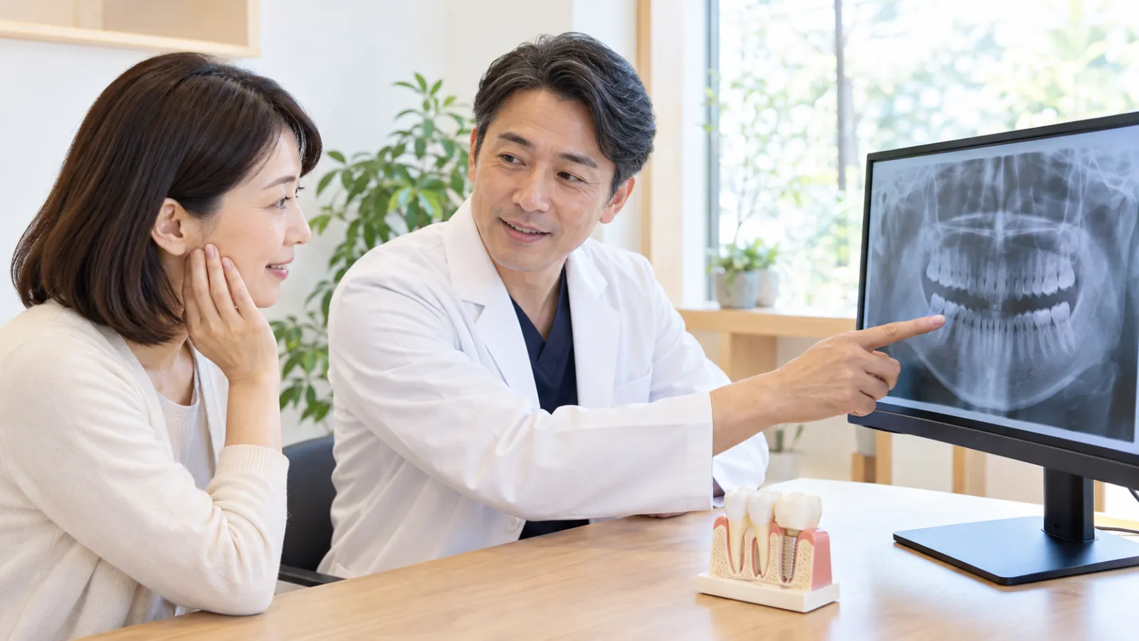 明るい相談の一角で、歯科医師がモニターのレントゲン写真を指しながら、頬に手を当てた患者さんに説明している