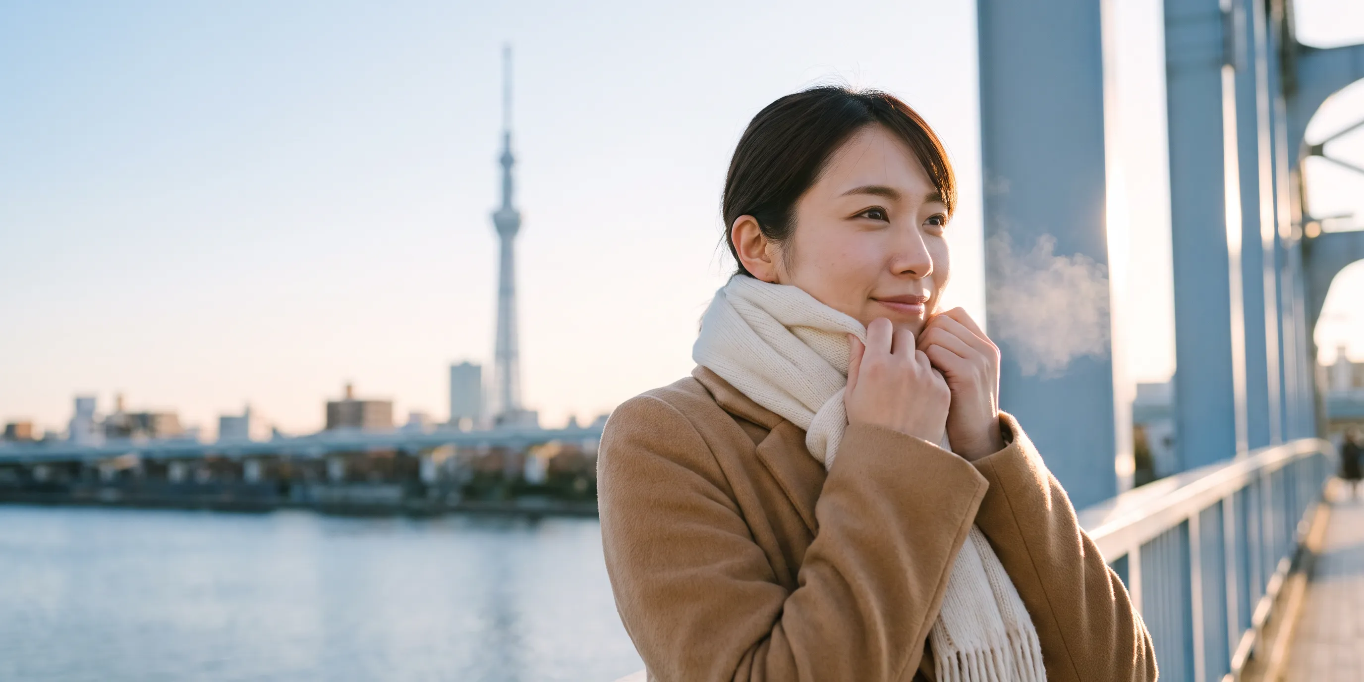 冬の朝、隅田川の橋の上でマフラーに顔をうずめて微笑む女性