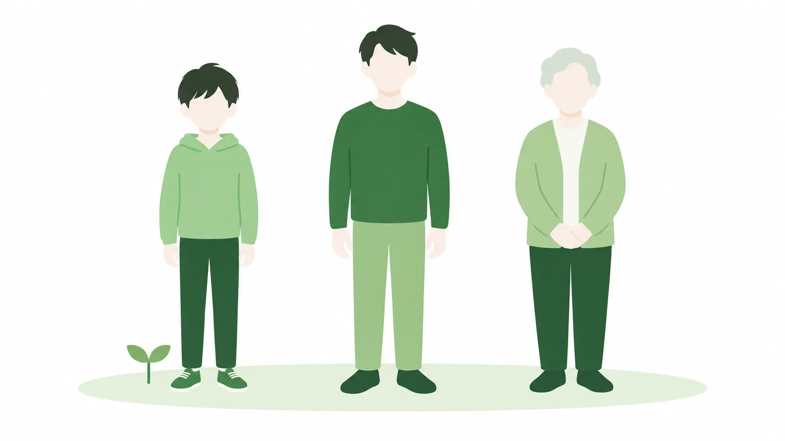 成長期の若い人、大人、ご高齢の方の3人が並んで立つシルエット。顔の細部は描かず、年齢の幅を表している