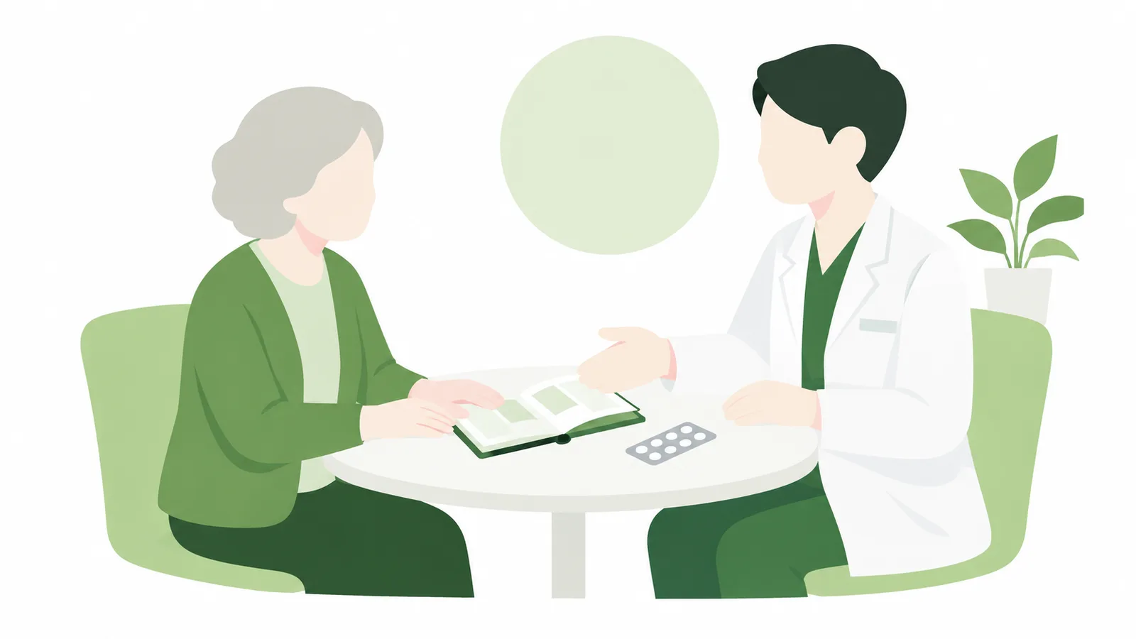 ご高齢の方と歯科医師が机をはさんで座り、お薬手帳を開いて話している問診の場面。顔の細部は描かない