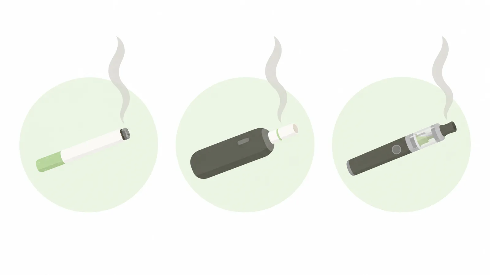 紙巻きタバコ、加熱式タバコ、電子タバコの3つを同じ大きさで並べ、それぞれから細い煙や蒸気が1すじ立っている絵