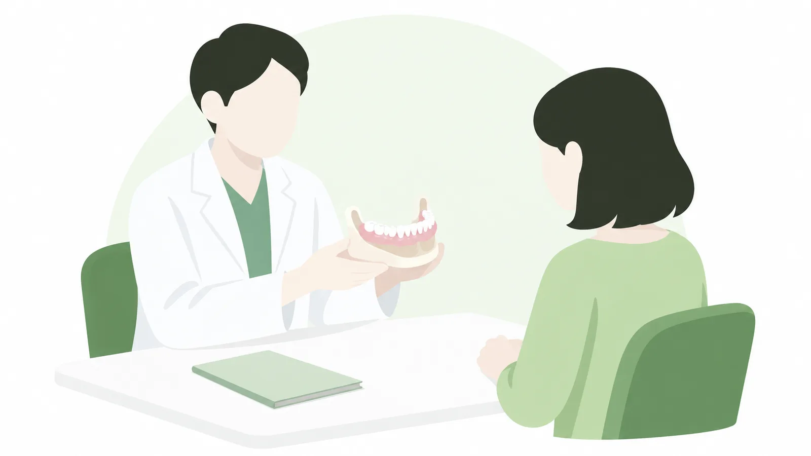 机をはさんで座る歯科医師と患者。歯科医師が下あごの模型を手に持ち、落ち着いた様子で説明している場面のイラスト