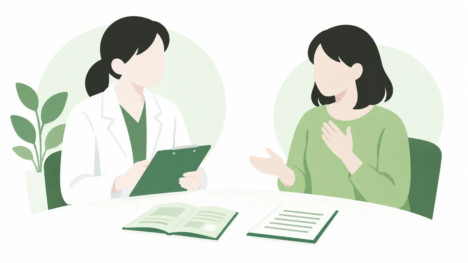 歯科医師が患者の話を聞いている問診の場面。机にはお薬手帳があり、患者が自分のことを伝えているイラスト