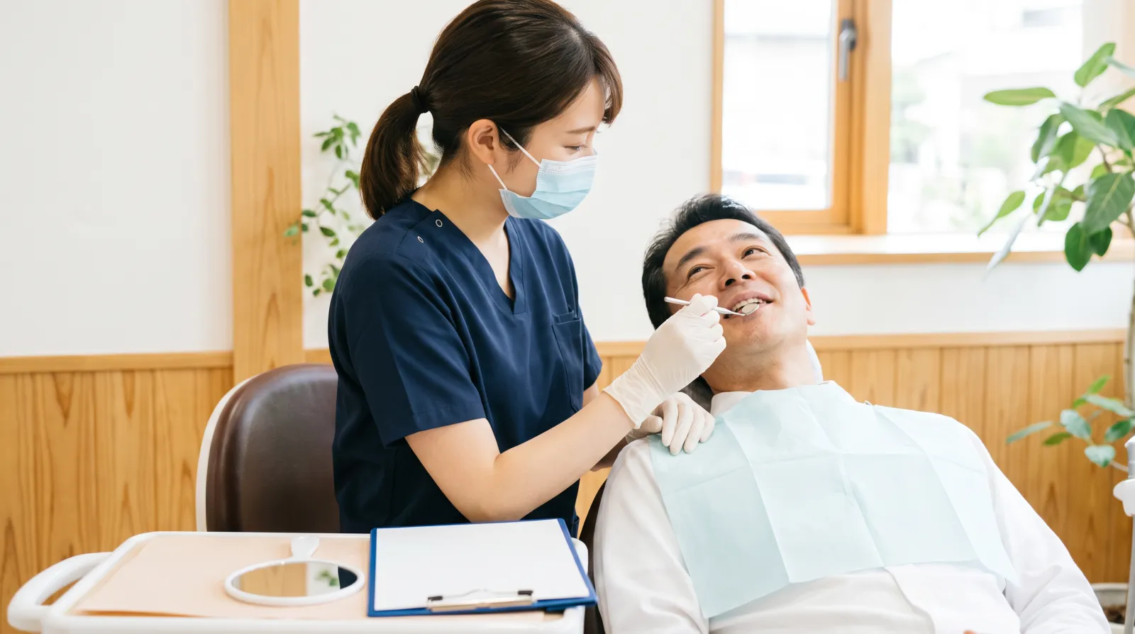 明るい部屋で、歯科衛生士が小さな鏡を手に、少しあお向けに座った男性の患者さんのお口をやさしく確かめている