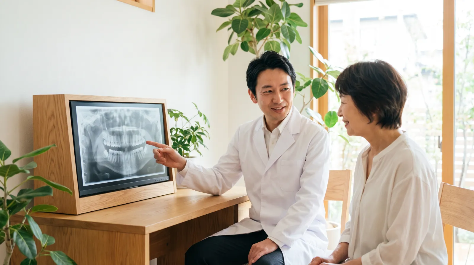 明るい相談の一角で、白衣の歯科医師がモニターのあごのレントゲン写真を指さしながら、患者さんに説明している